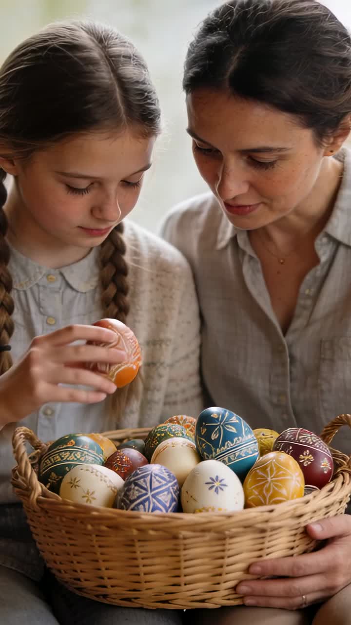 Vertical video: Smiling mom holding basket on sofa by window, daughter lifting egg checking pattern
