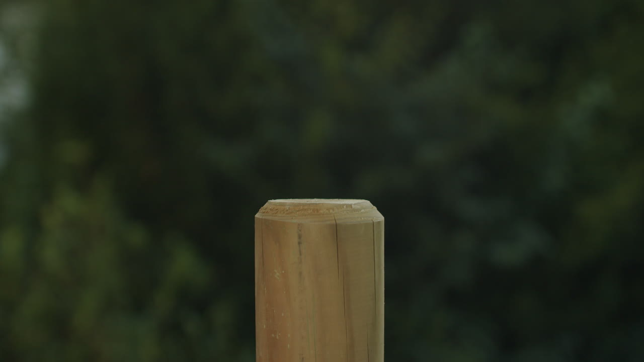 정원에서 나무 기둥을 때리기 위해 큰 나무 망치를 사용하는 여성