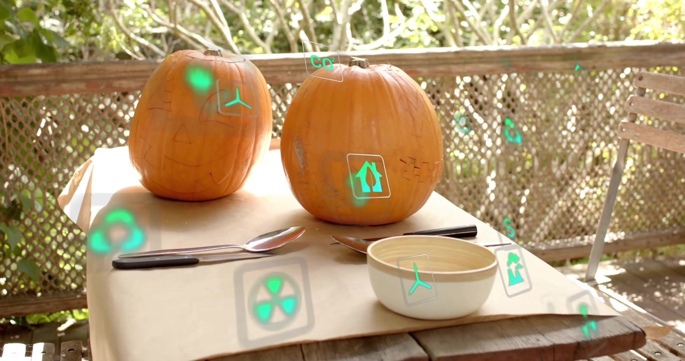 Sunlight filtering through vines starting green icons drifting and circling pumpkins for AR display