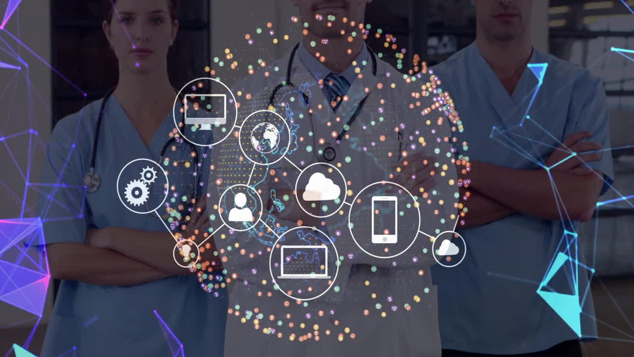 Healthcare team standing in clinical interior, showing digital hologram with cloud and device icons