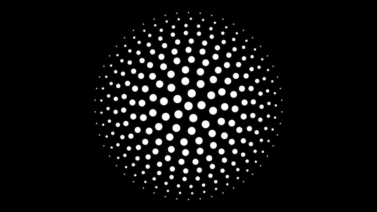 patrón de puntos circular monocromático sin costuras animación de 4k con simetría de rotación de 5 pliegues
