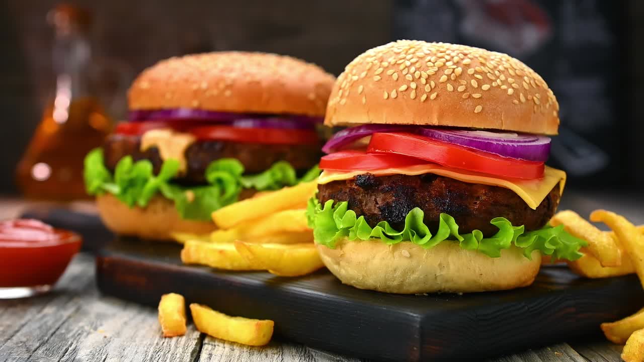 Enjoying burgers with fries at a restaurant during a casual lunch hour. Two burgers are served on a wooden board with fries and ketchup on the side at a restaurant