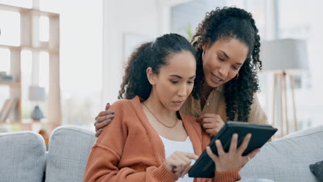 Lgbtq-couple,-tablet-and-talking-on-home-sofa