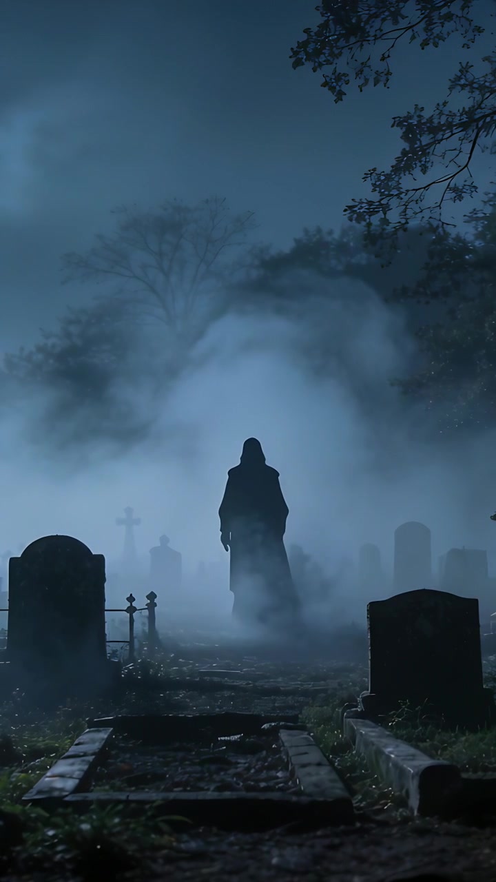 Video verticale: Uomo incappucciato che cammina lungo un sentiero di cimitero notturno, con la nebbia che avanza tra le tombe