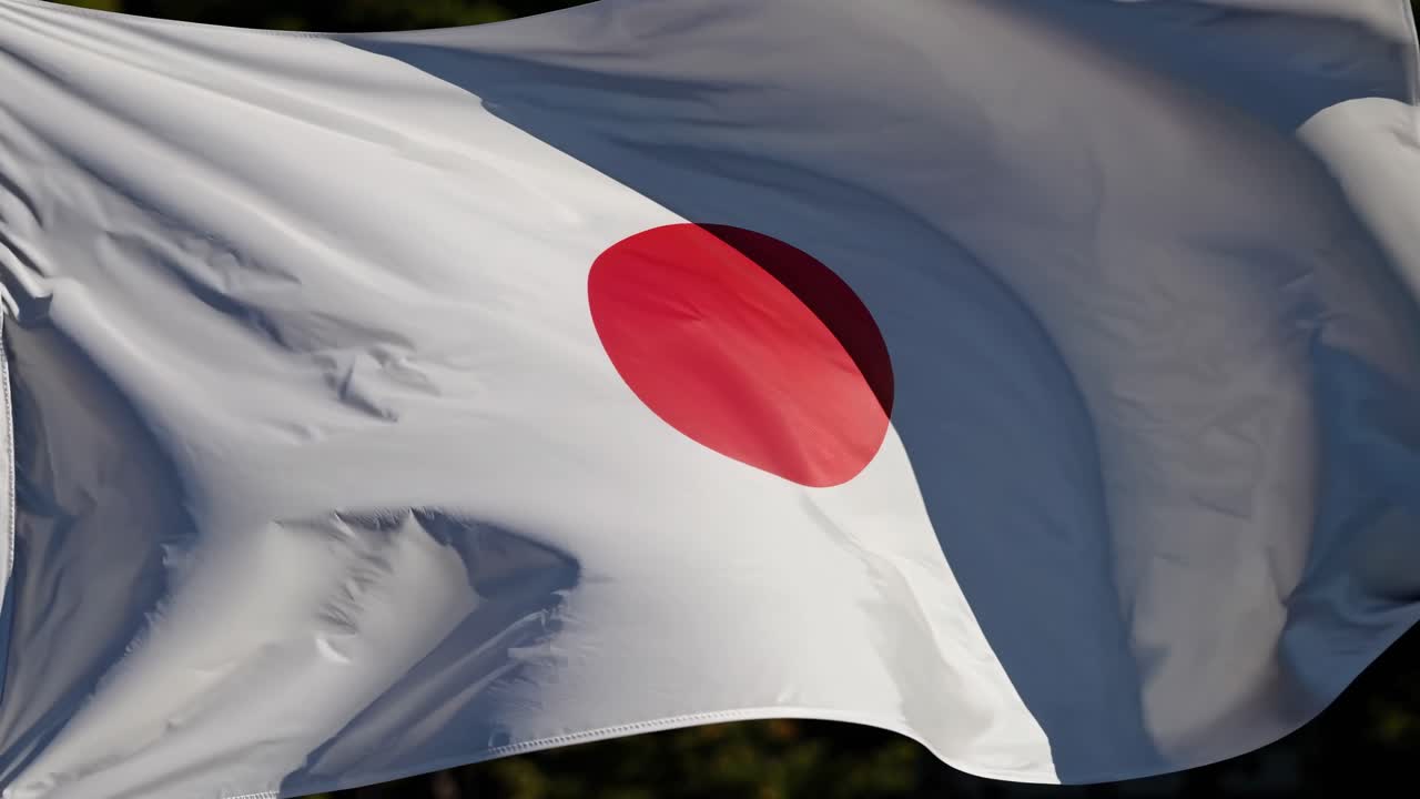 Close-up video of a Japanese flag waving, captured from a low angle