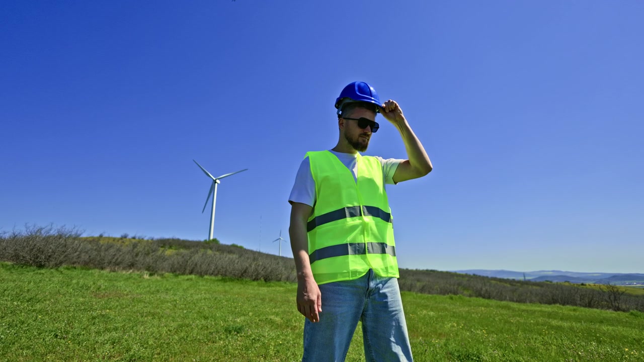 Windmill engineer stands in a green field with wind turbines in the background during a sunny day