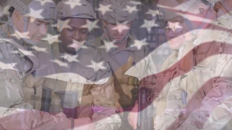 Animation-of-flag-of-usa-over-diverse-soldiers-with-soldiers