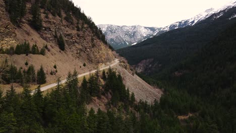 Drone-shot-along-Duffey-Lake-Road-in-British-Columbia,-Canada