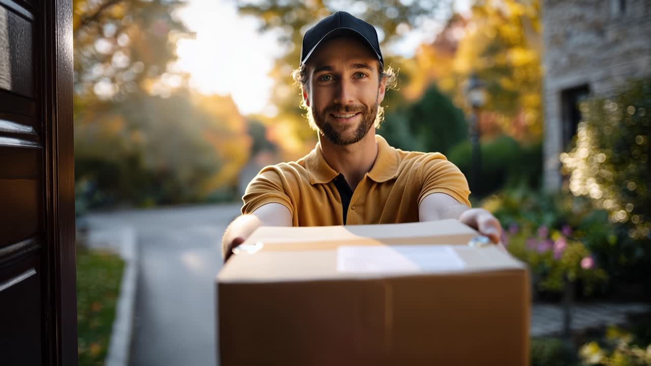 Lieferperson hält Paket an der Haustür mit herbstlichem Hintergrund, lächelt fröhlich und zeigt freundlichen Service sowie saisonale Farben im Freien.