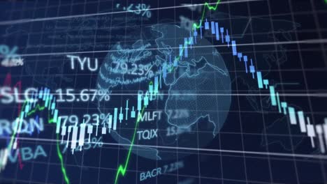 Animación-Del-Procesamiento-De-Datos-Financieros-Y-Bursátiles-Contra-El-Globo-Giratorio-Y-El-Mapa-Mundial