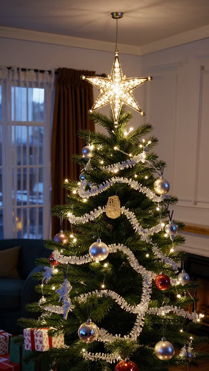 Festive Christmas tree adorned with lights and ornaments, captured from a low angle