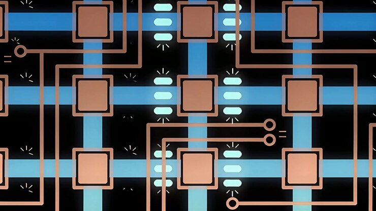 Pulsing grid with frames advancing on black, sending signal via cyan indicators and brown traces