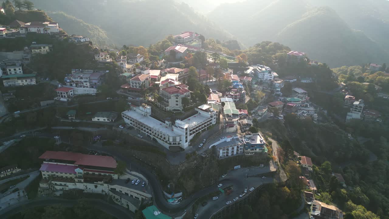 beautiful architectural buildings hill town in mussoorie drone view in india
