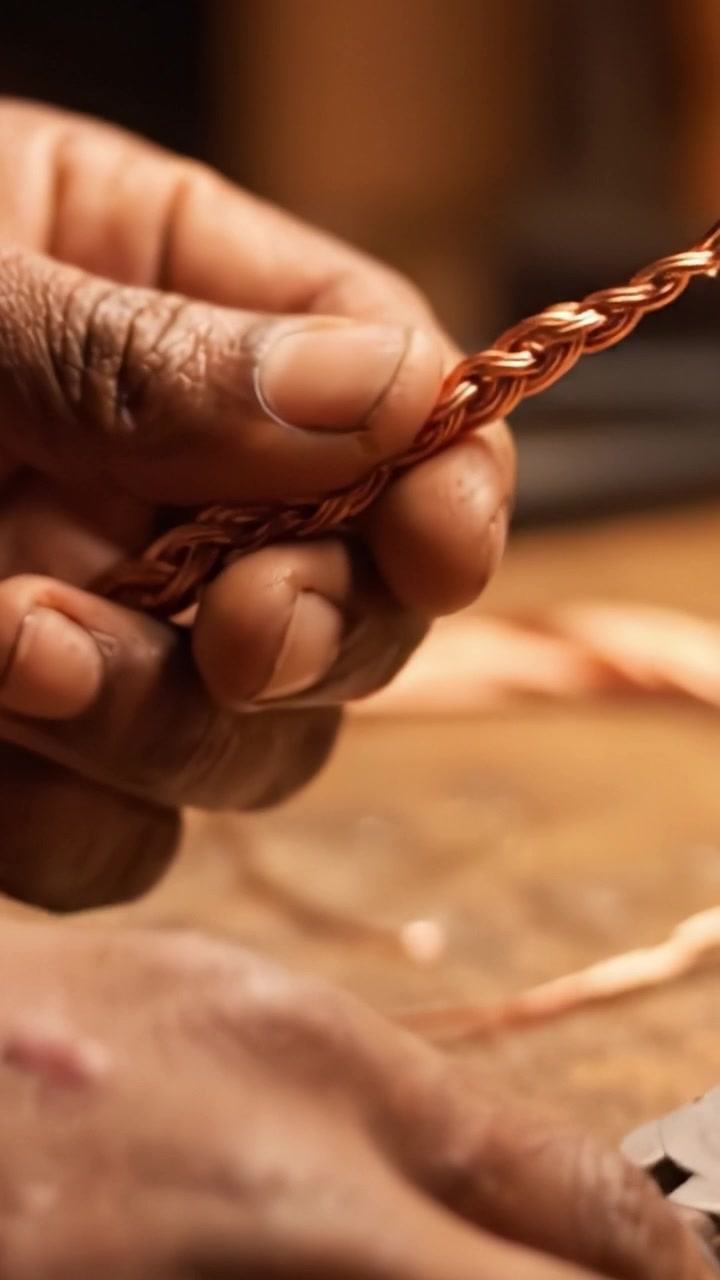 Creazione di disegni intricati: un artigiano esperto intreccia fili di rame con precisione e cura per creare creazioni uniche fatte a mano in un ambiente di laboratorio.