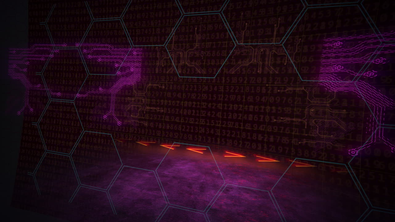 Cyberpunk animation background with computer matrix numbers and grid