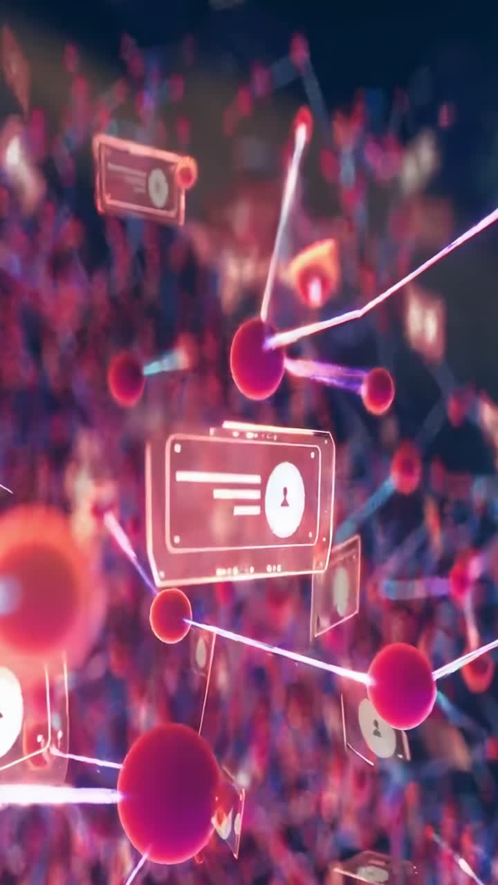Concetto video futuristico con schermi digitali fluttuanti, ripreso dall'alto, che brillano al neon.