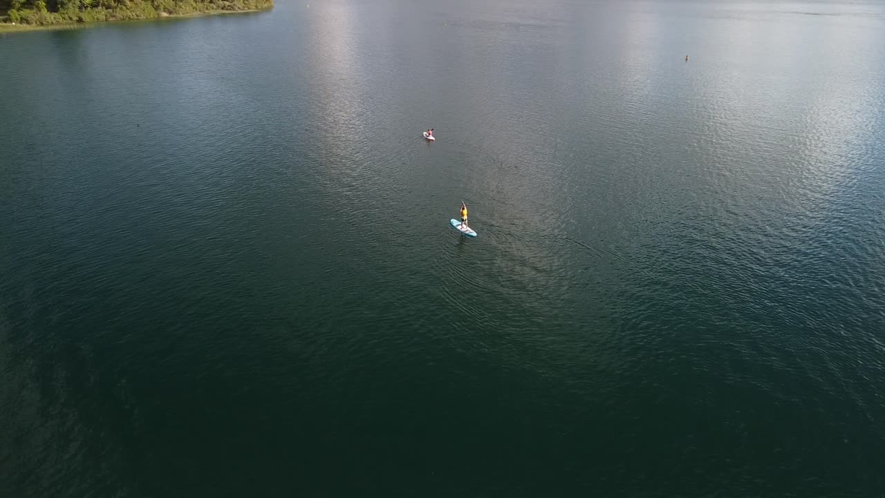 lago azul, bosque de palmeras y turista en paddle bord 4k drone disparado en nueva zelanda
