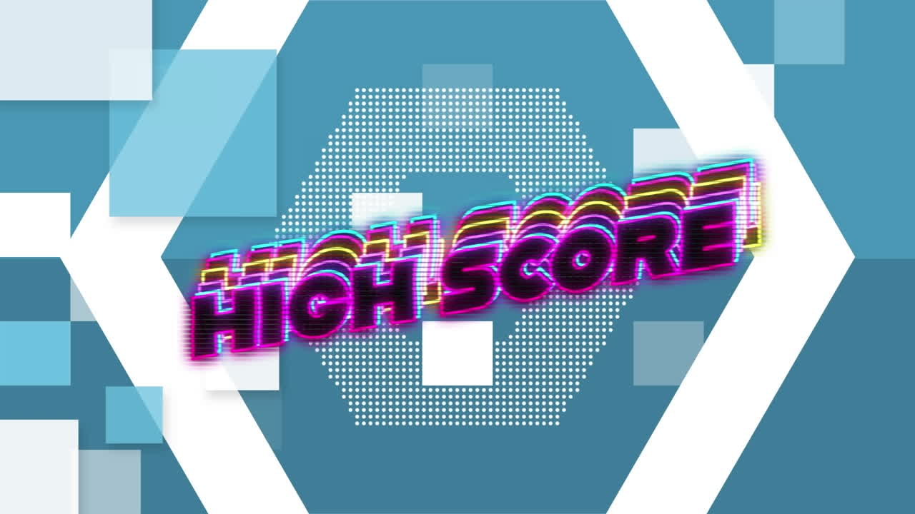 Animation of neon high score text banner against hexagonal and square shapes on blue background