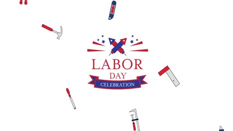 Animation-of-labor-day-text-over-falling-tools-on-white