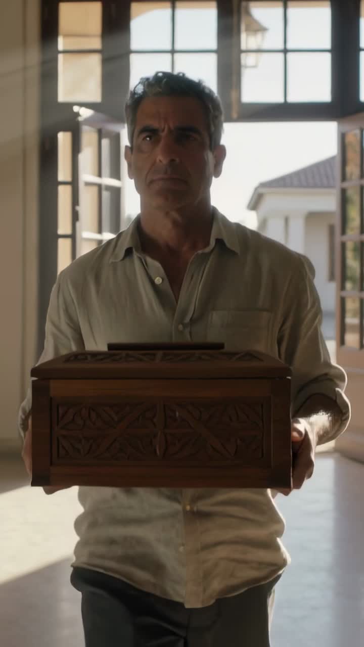 Vídeo vertical: Homem de meia-idade andando por portas abertas, carregando caixa esculpida para entrega.