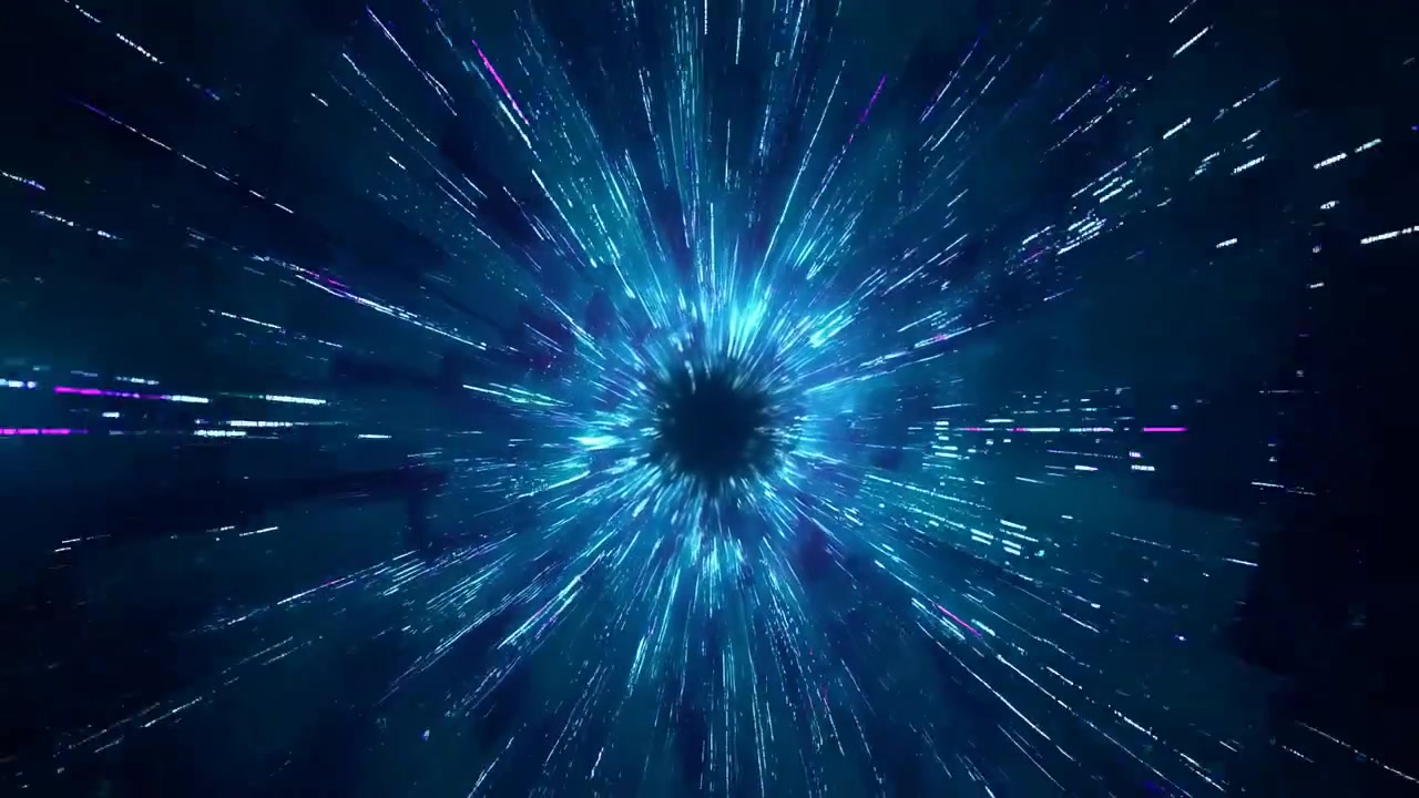 Tunnel iperspaziale blu con scie che esplodono in movimento radiale verso un nucleo nero, scie di stelle ad alta velocità.