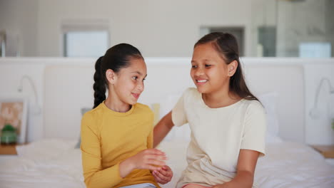 Sister,-hug-and-face-of-girl-children-on-a-bed