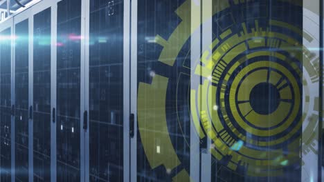 Animation of loading circles and viewfinders with lens flares over server racks in server room