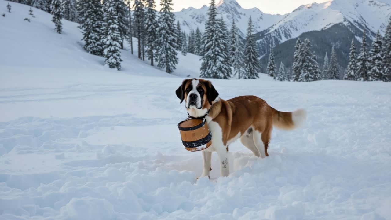 A Playful St. Bernard Enjoys Winter Wonderland Adventure in Snow-Covered Forest with Majestic Mountains in the Background