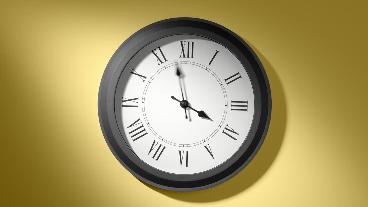 Latin Clock Face on Yellow Wall in Time Lapse