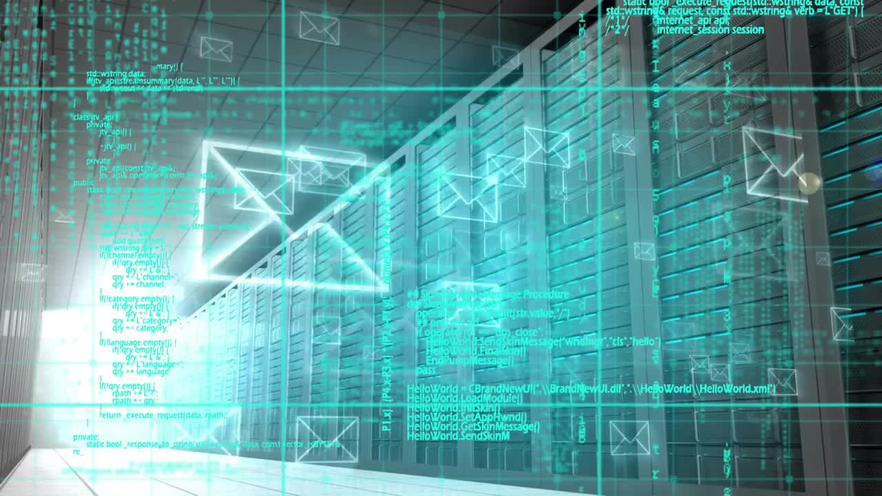 Grid lines initiating envelope icons and drifting code, showing email flow in server corridor