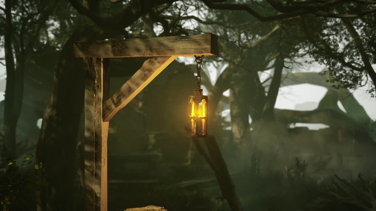 어고 안개가 가득한 숲에 매달린 등불