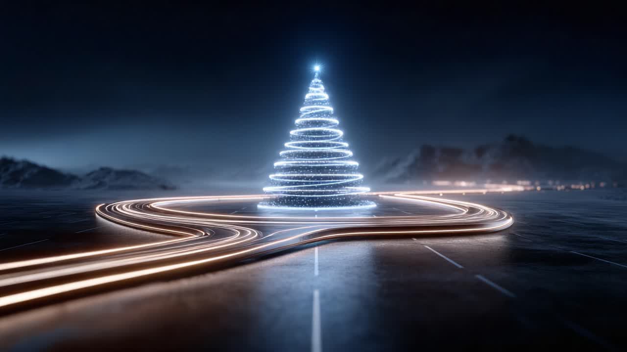 A mesmerizing illuminated Christmas tree spirals creatively over a winding road, showcasing a stunning blend of festive spirit and artistic design in a dark winter landscape