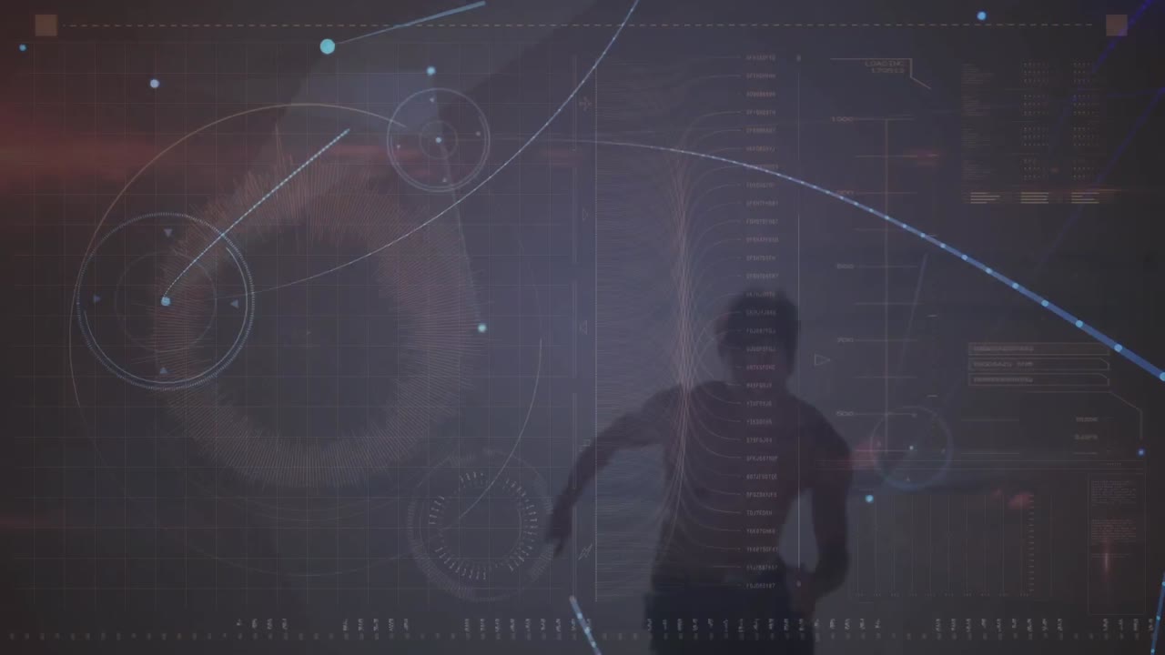Composite video of abstract networking icons with determined athlete running in background