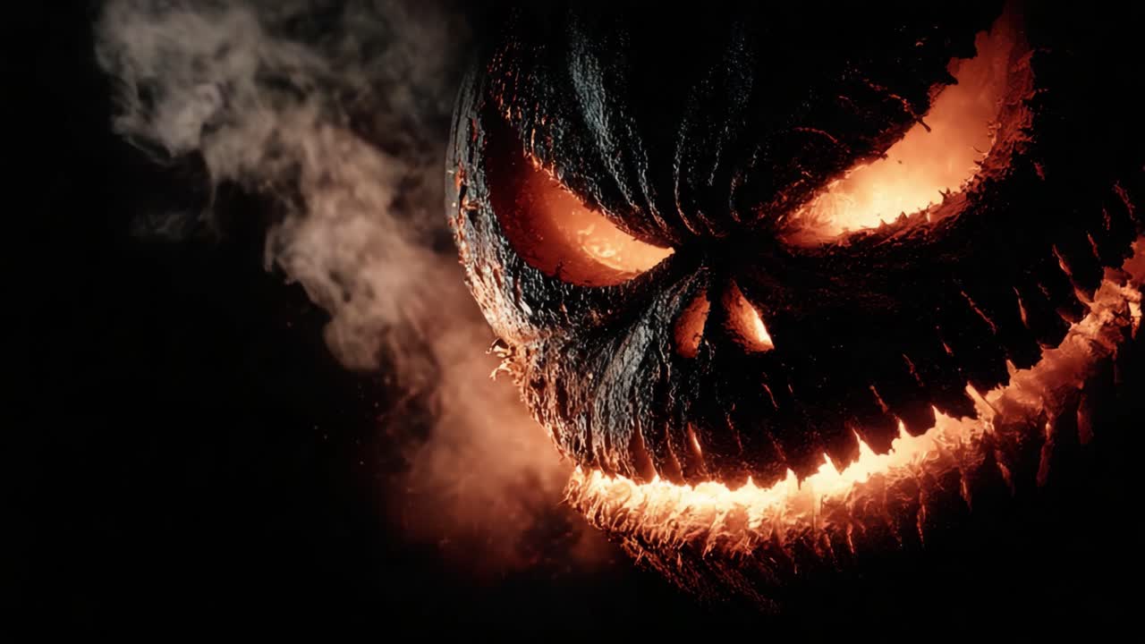 A Sinister Jack-o'-Lantern Emerging from Shadows, Exuding Malevolence with Fiery Eyes and a Grinning Mouth, Perfectly Capturing a Halloween Atmosphere of Eerie Mystery