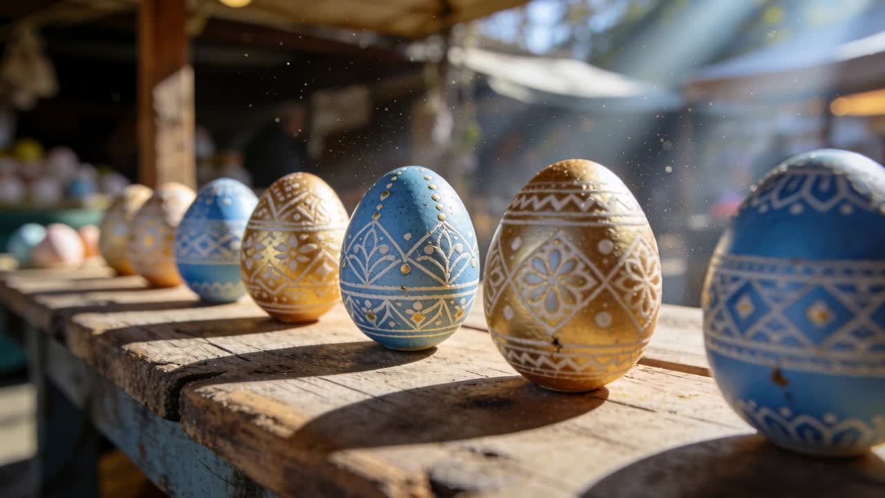 Sliding camera revealing decorated eggs at market stall on wooden table, showing gold, blue details