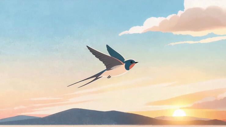 Swallow crossing the sky at dawn