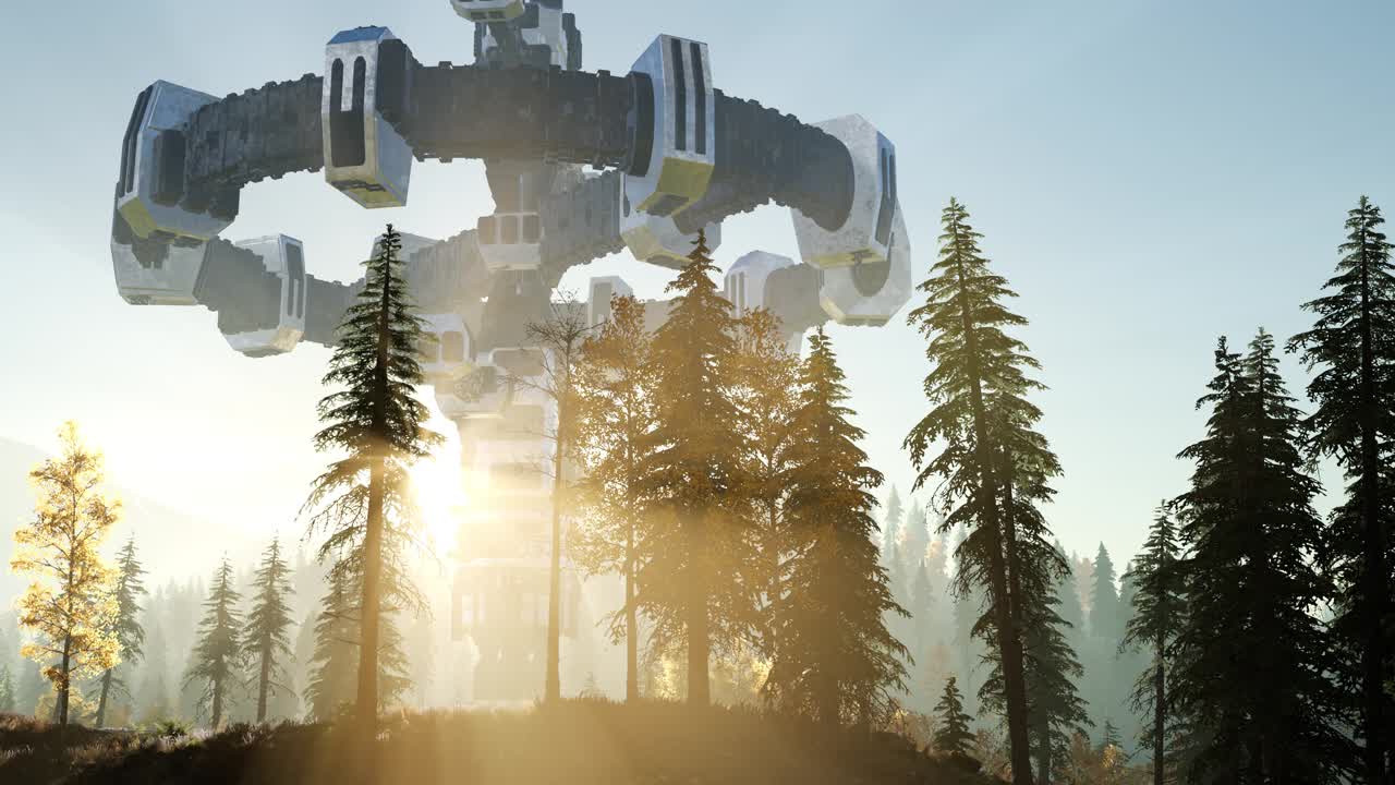 해가 지면서 숲 위를 떠다니는 ufo와 함께 빛의  ⁇