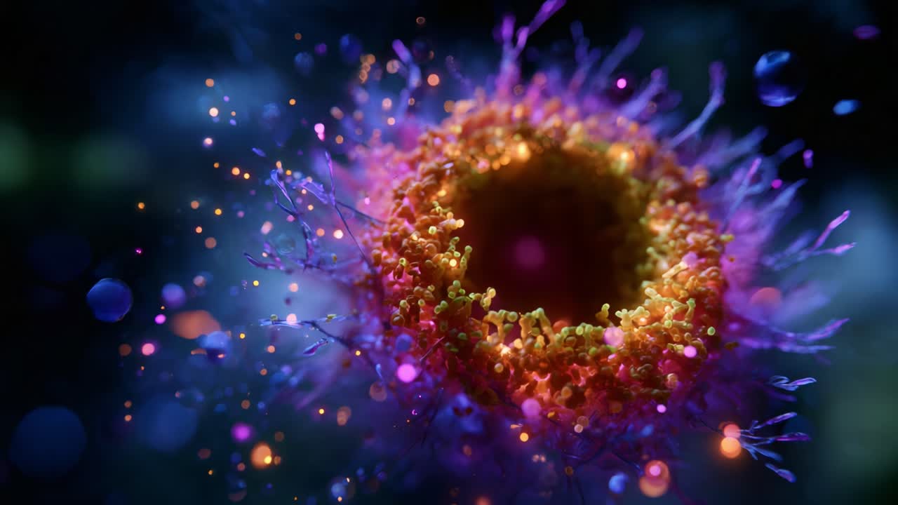 Stunning Close-Up of a Colorful Microbial Cell Enveloped by Particles, Radiating Vibrant Colors and Intricate Details, Exemplifying Nature's Complexity at a Microscopic Level