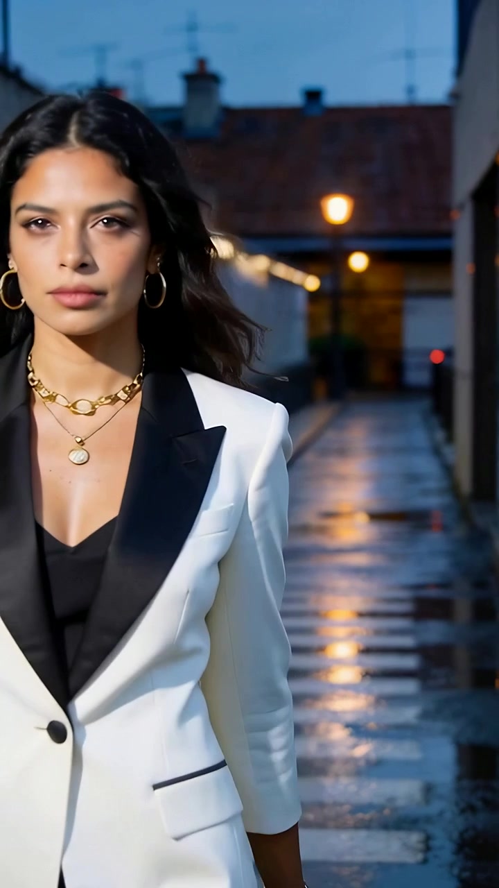 Vídeo vertical: Modelo de blazer branco caminhando em direção à lente ao entardecer, com a rua molhada.