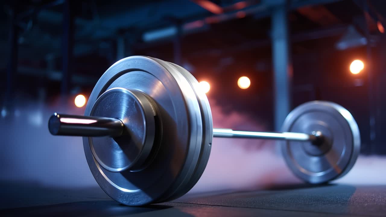 Una barra de levantamiento de pesas en medio de una iluminación dramática y niebla en un gimnasio, simbolizando fuerza y determinación para entusiastas del fitness y levantadores de pesas.