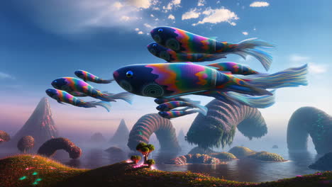 colorful flying fish in a surreal dreamscape