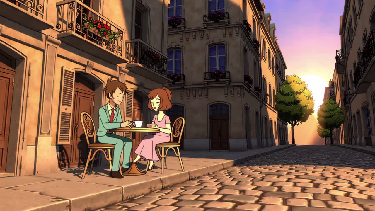 Couple enjoying coffee in a European city at sunset