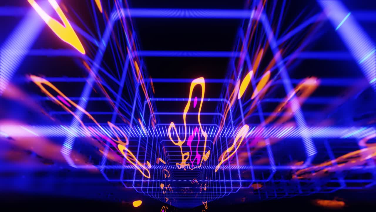 Hologram tunnel. Fly through mirror tunnel with neon pattern, glow lines form sci fi pattern. Bright reflection neon light. Simple bright background, sci fi structure. 4k seamless looped animation.