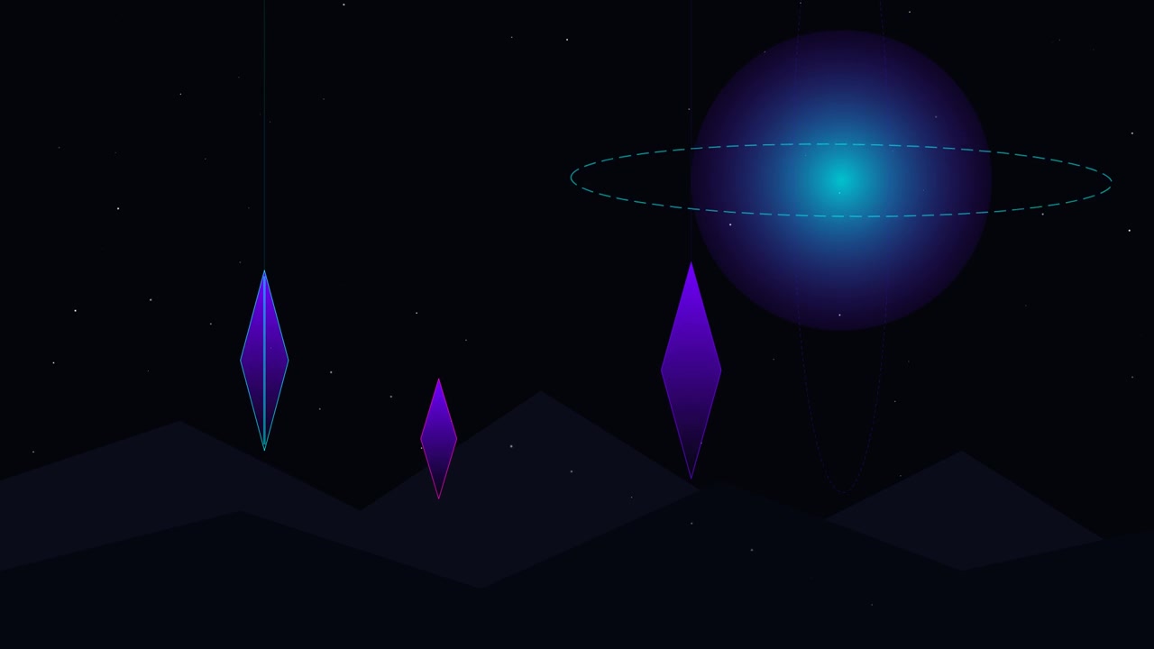 Abstract Animation of Floating Geometric Crystals and Rotating Planet in Space