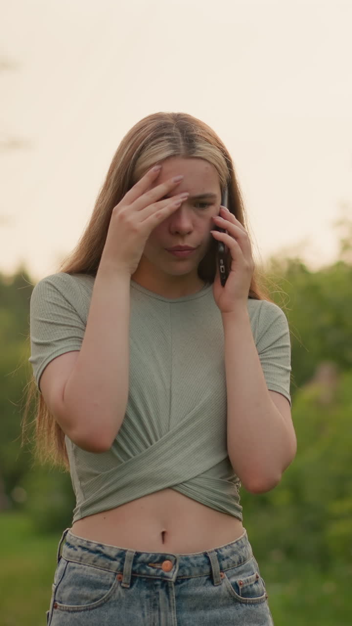 joven que parece agotada durante una llamada telefónica, con su mano izquierda cubriendo su frente en frustración, rodeada de vegetación borrosa, con una débil luz verde y un edificio en el fondo