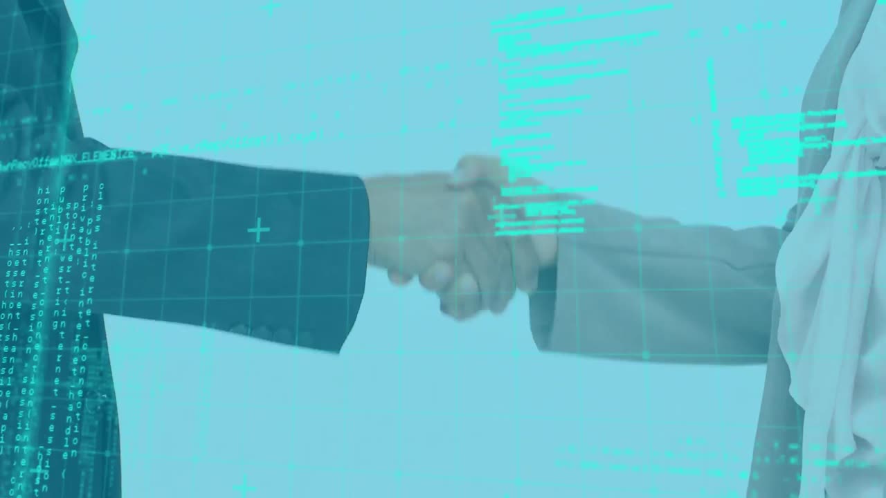 Animation of two people shaking hands over data recording and statistics showing