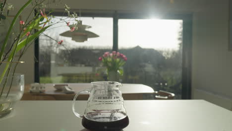 morning coffee brew with sunlight and greenery