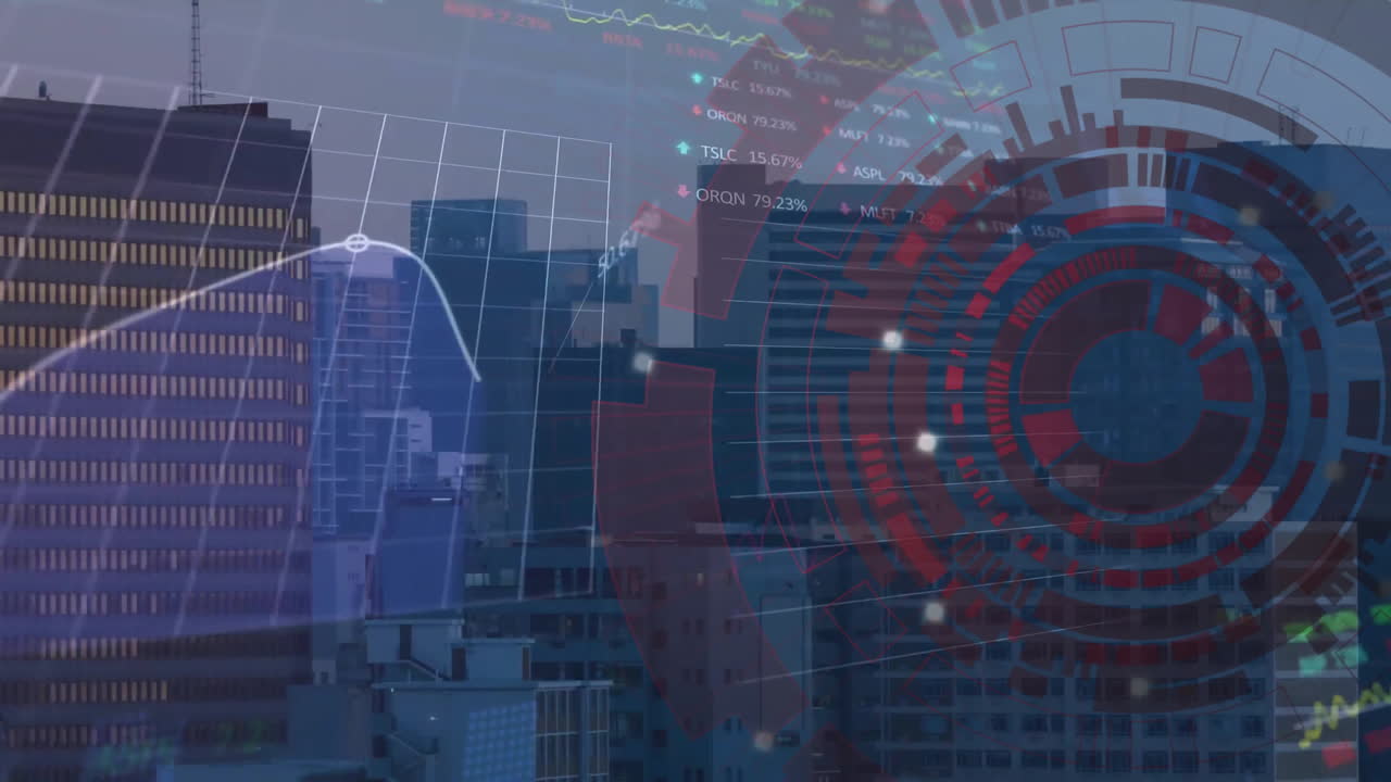 animación del procesamiento de datos financieros y alcance sobre la ciudad