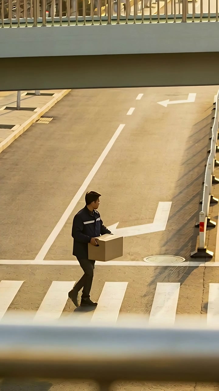 Vertical video: Stepping onto zebra, man in dark coat carrying cardboard box to deliver, copy space