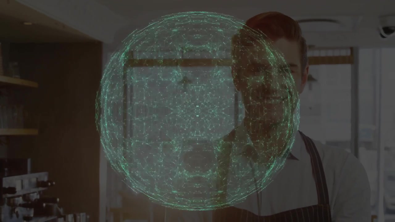 barista operating espresso machine while displaying holographic network sphere in coffee technology